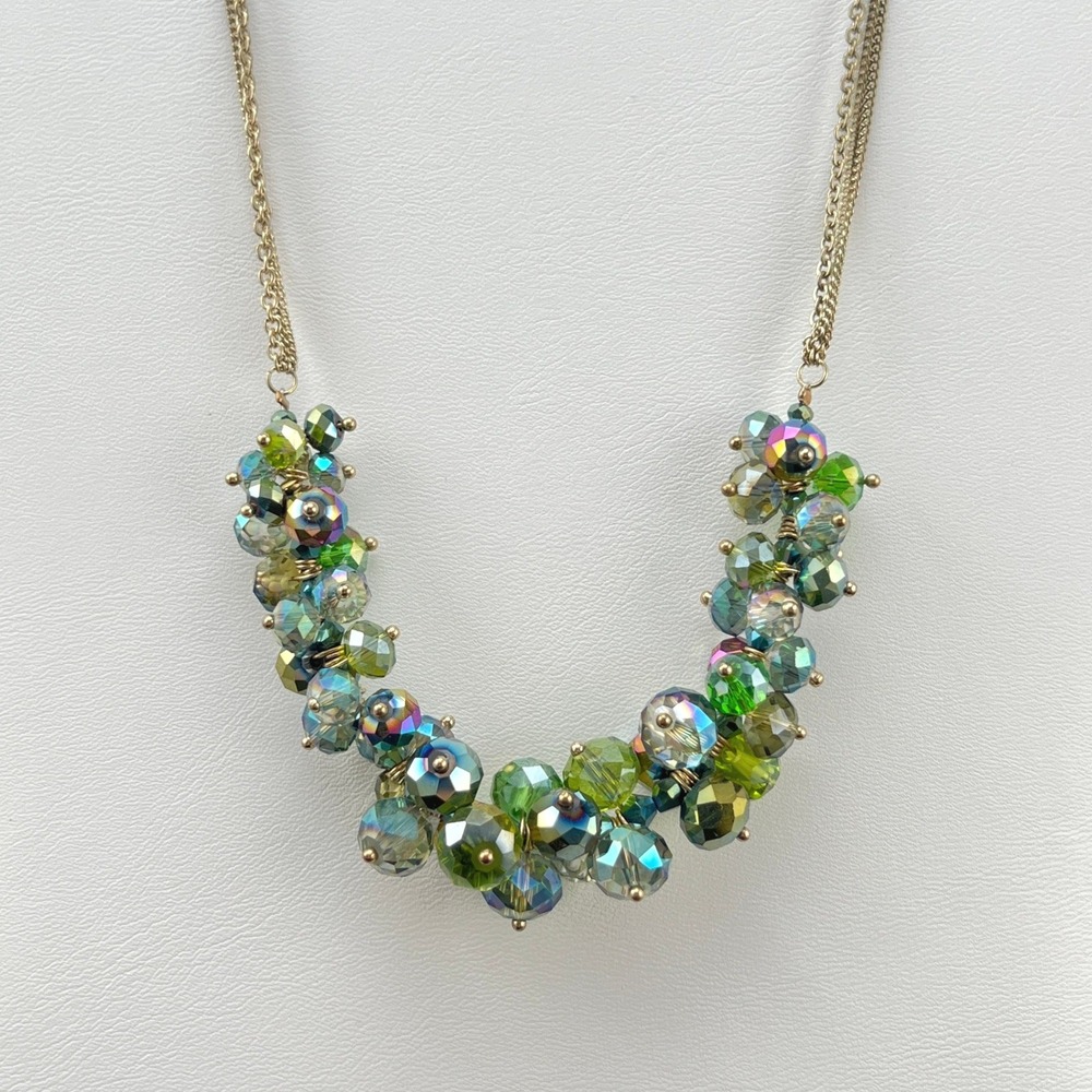 Vintage Beaded‎ Necklace Green Blue AB Crystals Signed Ali Kahn NY 21.5"